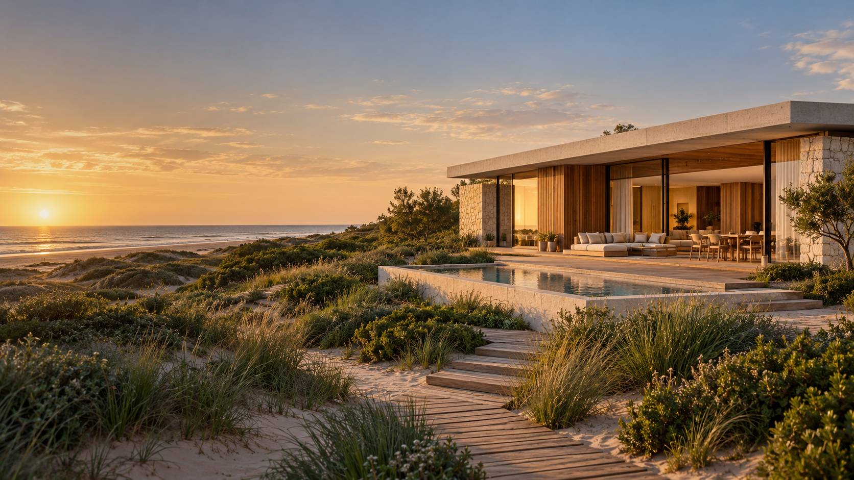 Inspiração de arquitetura contemporânea para uma casa no litoral, com materiais naturais e jardim